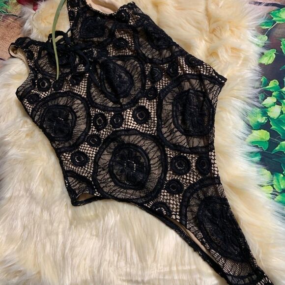 WOMENS BLACK LACE SNAP CROTCH BODY TOP SIZE SMALL - Picture 1 of 5